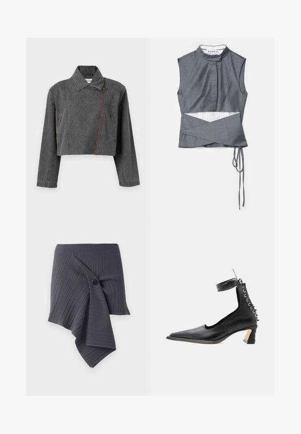 Beskaaret gråt denimjakke med spids krave, asymmetrisk lynlåslukning og to sidelommer med lynlåsdetaljer.; Grå ærmeløs top med høj krave, med en omslag design og sidebind, lavet af tekstureret stof med en stribet underlag.; Mørkegrå ribbet omslagsskjørt med et snoet design og en rund sort knapaccent. Fremstillet af et struktureret, strækbart materiale.; Sort lavhælet lædersko med spids tå, snøredetalje bagpå og ankelrem mod en ensartet hvid baggrund.