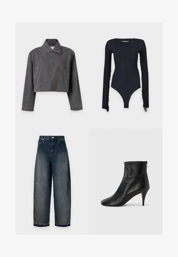 Beskaaret gråt denimjakke med spids krave, asymmetrisk lynlåslukning og to sidelommer med lynlåsdetaljer.; Sort bodysuit med lange ærmer, der har frynset detaljer langs ærmerne, lavet af et glat, strækbart stof, med en dyb udskæring.; Mørk denim vidde bukser med høj talje, fem lommer, synlige sømme og let slid på fronten. Klassisk knap- og lynlås-lukning.; Sorte ankelstøvler i læder med en glat tekstur, spids tå og en slank stiletthæl. Har en lynlås i siden for nem påklædning.