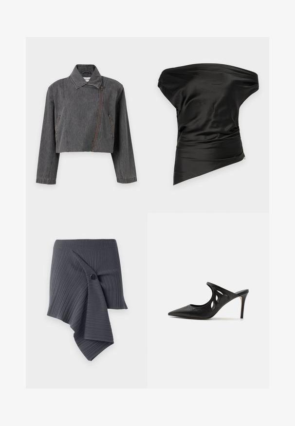 Beskaaret gråt denimjakke med spids krave, asymmetrisk lynlåslukning og to sidelommer med lynlåsdetaljer.; STAUD PHARE - Top - black; Mørkegrå ribbet omslagsskjørt med et snoet design og en rund sort knapaccent. Fremstillet af et struktureret, strækbart materiale.; Sorte læder højhælede mules med spids tå, udskåret sideskærm og glat tekstur. Stiletthæl og subtil syning.