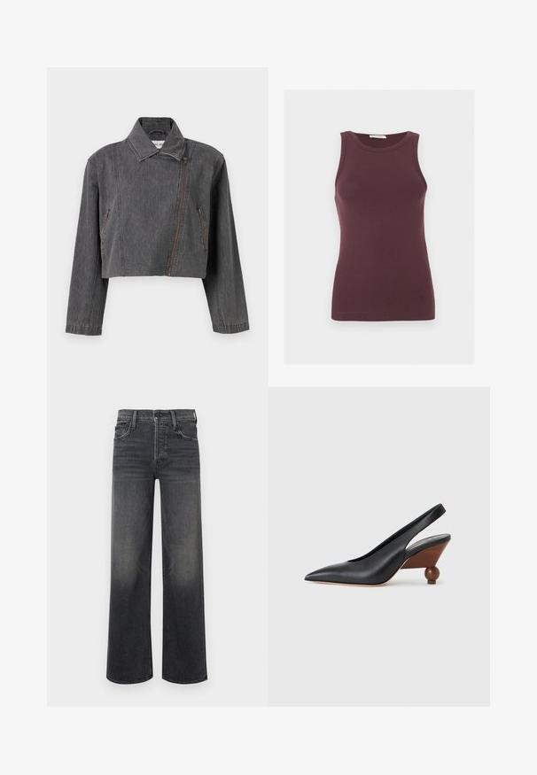 Beskaaret gråt denimjakke med spids krave, asymmetrisk lynlåslukning og to sidelommer med lynlåsdetaljer.; Ærmeløs mørkelilla tætsiddende tanktop med rund halsudskæring og subtilt logo nær kanten, vist på en ensfarvet lys baggrund.; Breddebenede jeans i mørkegrå denim med en subtil falmet effekt. Klassisk fem-lomme design med bæltestropper og synlig syning.; Sort slingback-sko med spids tå, træblokhæl med rund form og glat læderoverdel på en lysegrå baggrund.