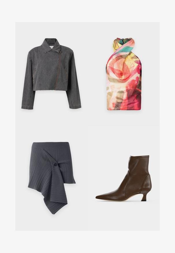 Veste en denim gris coupée avec un col pointu, une fermeture éclair asymétrique et deux poches latérales avec des détails zippés.; Paolina Russo WRAPPED HALTER - Débardeur - acid brown; Jupe enveloppante à côtes gris foncé avec un design torsadé et un accent de bouton noir rond. Fabriquée dans un matériau texturé et extensible.; Bottine en cuir marron à bout pointu et talon bas incurvé sur fond clair.