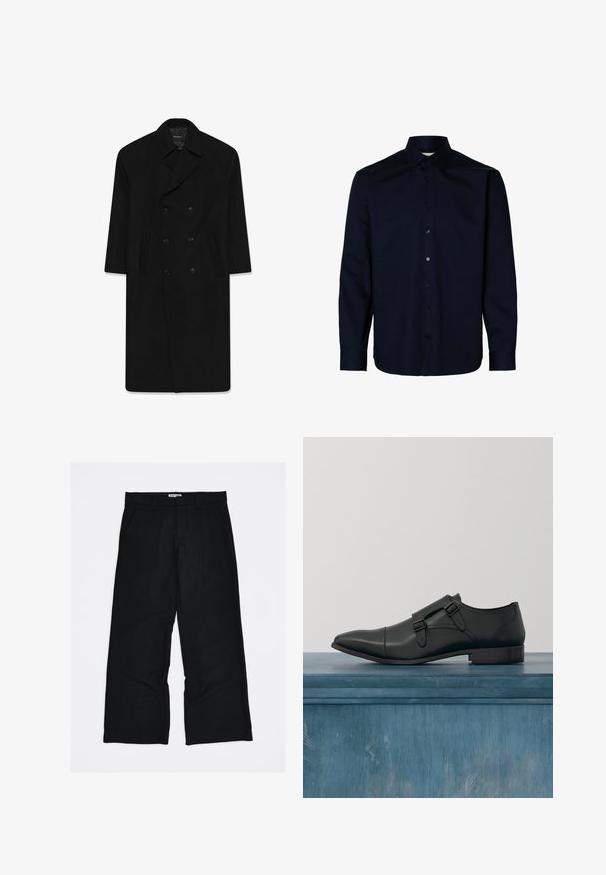 Schwarzer Doppelreißverschluss-Mantel mit Reverskragen, zwei Fronttaschen und geradem Schnitt. Hergestellt aus Wollstoff mit glatter Textur.; Marineblaues Langarmshirt aus glattem Stoff mit einem Button-Down-Kragen und einer durchgehenden Knopfleiste mit dunklen Knöpfen, geradem Saum und geknöpften Ärmeln.; Schwarze Nadelstreifenhose aus glattem, leichtem Stoff. Verfügt über ein durchgehendes, weit geschnittenes Bein und Vorderseitentaschen.; Schwarze Leder-Doppel-Monk-Strap-Oxfords, die über einem leicht gerissenen Boden schweben, mit unscharfen Pflanzen und einer gewellten Wand im Hintergrund.