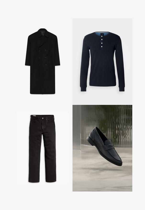 Abrigo negro de doble botonadura con cuello de solapa, dos bolsillos delanteros y corte recto. Fabricado con tela de lana de textura suave.; Camisa de manga larga azul marino oscuro de algodón, con un cuello henley decorado con cinco botones blancos y puños acanalados. Textura suave y diseño ajustado.; Vaqueros de mezclilla negros de pierna recta con cinco bolsillos, cierre de botón y trabillas para cinturón, dispuestos sobre un fondo blanco.; Zapato tipo mocasín de cuero negro con acabado liso, punta puntiaguda y detalles cosidos en la pala. Tacón bajo y diseño minimalista.