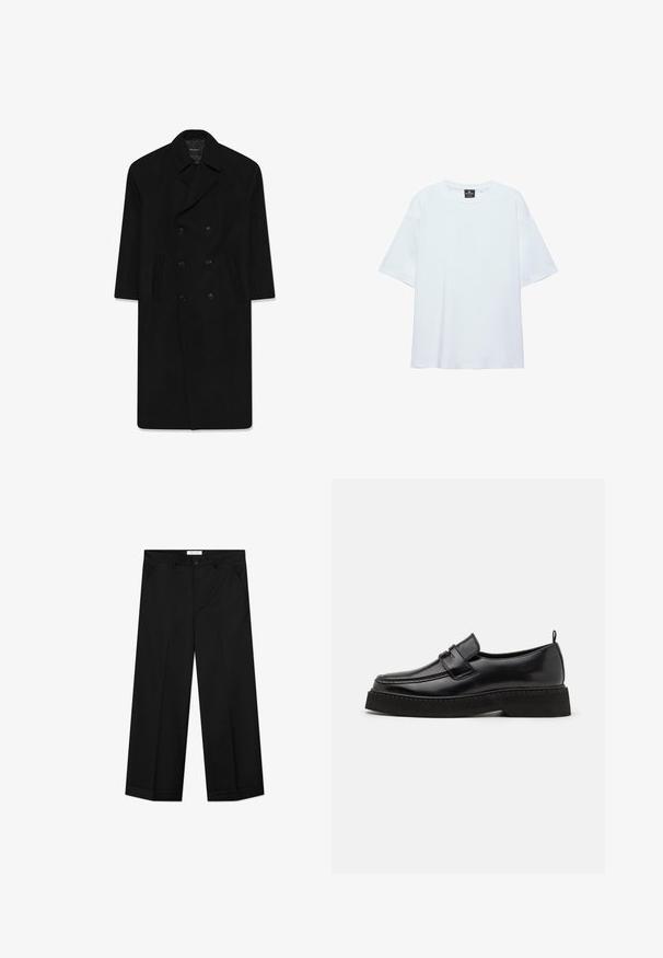 Sort dobbeltbrystet frakke med reverskrave, to forlommer og lige snit. Fremstillet af uldstof med en glat tekstur.; Hvid, oversized T-shirt med korte ærmer og rund halsudskæring, med en sort etiket inde i kraven på en hvid baggrund.; Sorte bukser med vide ben lavet af et glat materiale, med forlommer, knaplåsning og en presset rille ned langs hvert ben.; Sorte læder loafersko i stil med flad, tekstureret sål, med en syet tå og en rem over vristen.