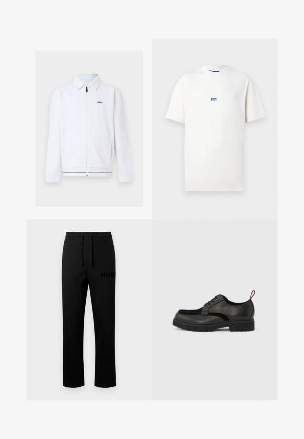 Veste blanche zippée à manches longues avec col, logo noir "BOSS" sur la poitrine et fines rayures noires près de l'ourlet.; T-shirt blanc à manches courtes avec un petit logo rectangulaire bleu portant l'inscription "HUGO", centré sur la poitrine, fond uni.; Pantalon de survêtement noir avec une ceinture élastique, un cordon de serrage et un petit logo "HUGO" embossé sur le côté gauche. Texture lisse, coupe droite.; Chaussure noire en cuir à lacets avec semelle épaisse crantée et languette rouge à l'arrière, vue de profil sur un fond gris clair.