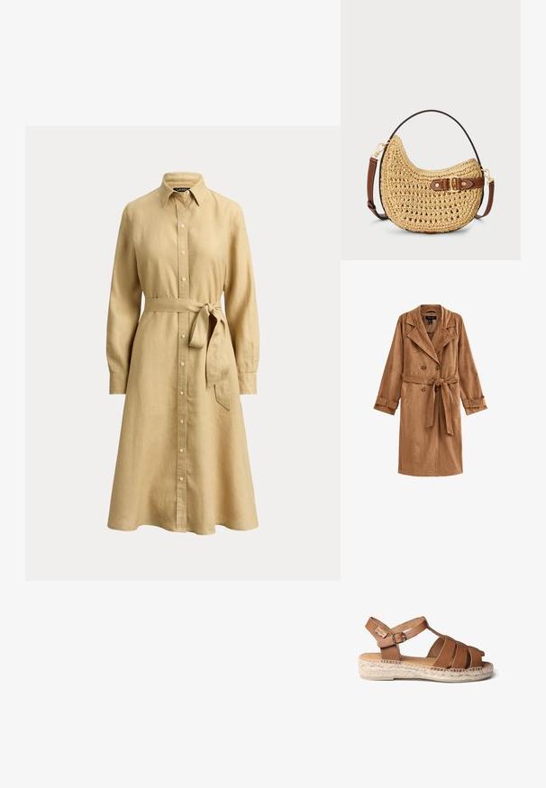 Abrigo largo de ante marrón con botones de doble botonadura, grandes solapas y cinturón en la cintura. Presenta mangas acampanadas y bolsillos laterales.; Vestido camisa beige de manga larga con botones, cuello y cinturón en la cintura, hecho de tela ligera, de largo hasta la rodilla y corte holgado.; Sandal de cuero marrón con suela de cuerda trenzada, que presenta un diseño de tiras, hebilla ajustable en el tobillo y textura suave.; Bolso hobo de paja trenzada con forma curva, correa de cuero marrón con hebilla y color natural tostado. Superficie texturizada con costuras visibles.