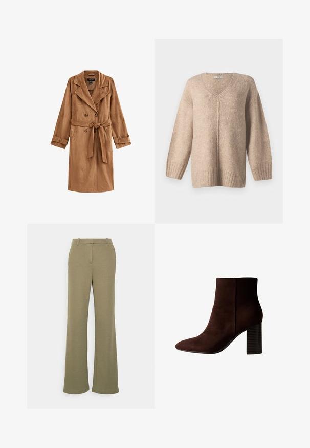 Abrigo largo de ante marrón con botones de doble botonadura, grandes solapas y cinturón en la cintura. Presenta mangas acampanadas y bolsillos laterales.; Suéter de punto beige con escote en V, hombros caídos y dobladillo acanalado. Textura suave, corte relajado y patrón sutilmente jaspeado por toda la prenda.; Vero Moda VMSUMIALBA WIDE PANT - Pantalones - capers; Bota de ante marrón hasta el tobillo con puntera afilada y tacón de bloque acanalado. Diseño elegante, textura suave y silueta ajustada.