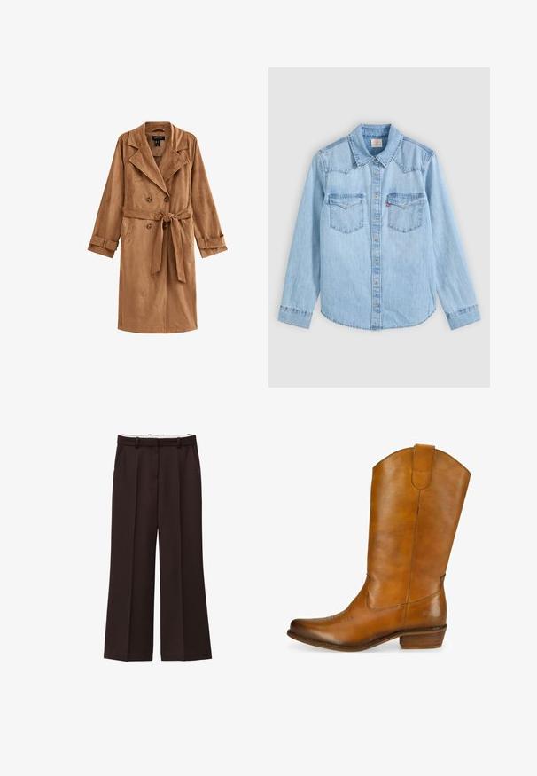 Bruine, lange suedeboerderij met dubbele knopen, grote revers en een ceintuurlijn. Heeft manchetten en zijzakken.; Lichtblauw denim overhemd met lange mouwen, knoopsluiting, twee borstzakken met kleppen en een klassieke puntige kraag op een grijze achtergrond.; Wijde broek in donkerbruine stof, met een hoge taille, dubbele plooien en zijzakken. Gladde textuur met riemlussen.; Heren leren cowboylaarzen in tan kleur met een gladde afwerking, een gebogen bovenkant, decoratieve stiksels op de teen en een lage gestapelde hak. Bruin accentlogo op de zijkant.