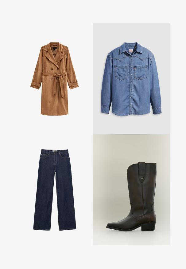 Bruine, lange suedeboerderij met dubbele knopen, grote revers en een ceintuurlijn. Heeft manchetten en zijzakken.; Lichtblauw denimshirt met een puntkraag, twee borstzakken en drukknopen. Voorzien van een westernstijl yoke-ontwerp.; Donkerblauwe spijkerbroek met brede rechte pijpen, voorzakken en een knoop- en ritssluiting.; Donkerbruine leren midkuitlaars met een lage blokhak, puntige neus en een gestikte treklus met een klein metalen logo.