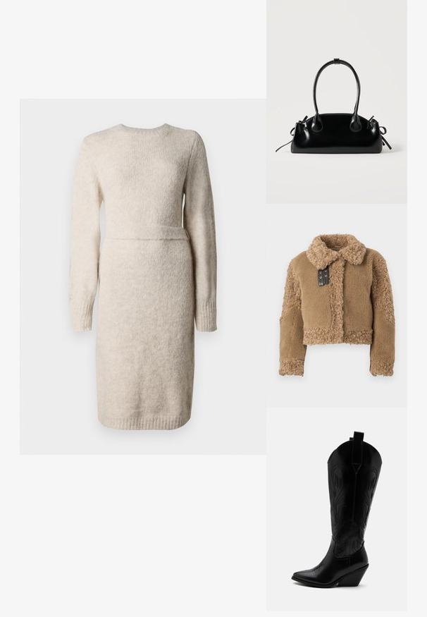 Κοντό καφέ τζάκετ από teddy shearling με μεγάλο γιακά και λεπτομέρεια από μαύρη δερμάτινη αγκράφα στην μπροστινή κλείσιμο.; Πλεκτό μπεζ φόρεμα με μακριά μανίκια, στρογγυλή λαιμόκοψη και υφή. Εφαρμοστή μέση με τονισμένο ζωνάκι, μήκος έως το γόνατο.; Μαύρη δερμάτινη καουμπόικη μπότα με μυτερή μύτη, κεκλιμένο τακούνι τύπου μπλοκ, διακοσμητική ραφή και θηλιές στην κορυφή με φόντο το λευκό.; Μικρή μαύρη γυαλιστερή τσάντα με δύο μακριές λαβές και λεπτομέρειες με ρυθμιζόμενο κορδόνι στο πλάι σε απλό ανοιχτό φόντο.