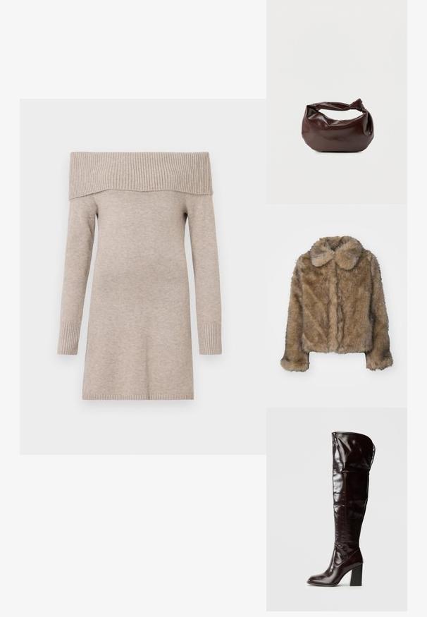Veste cropped en fausse fourrure marron avec un col arrondi, des manches longues et une surface douce et texturée. Détails de couture subtils sur le devant.; Pull beige à épaules dénudées, texture tricotée, manches longues, encolure et poignets côtelés, longueur mi-cuisse, finition en tissu lisse.; Bottes en cuir bordeaux glacé montant jusqu'au genou, avec un bout carré et un talon bloc, présentant un design ample et des détails de couture minimalistes.; Sac bandoulière en cuir marron foncé avec une forme souple et décontractée et une anse nouée torsadée sur un fond blanc uni.