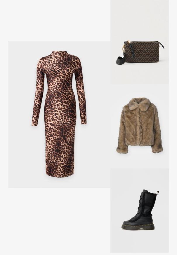 Chaqueta corta de imitación de piel de marta marrón, con cuello redondeado, mangas largas y una superficie suave y texturizada. Detalles de costura sutiles a lo largo del frente.; Good American SHINE MIDI DRESS - Vestido de cóctel - multi coloured; Botas de piel sintética negra con acentos de pelo, que cuentan con una suela gruesa y costuras amarillas. Parte delantera con cordones y tirador en la parte trasera para facilitar el uso.; Bolso rectangular marrón con patrón geométrico hecho de material sintético. Cuenta con una cremallera dorada, una correa negra y un detalle de logo en el frente.
