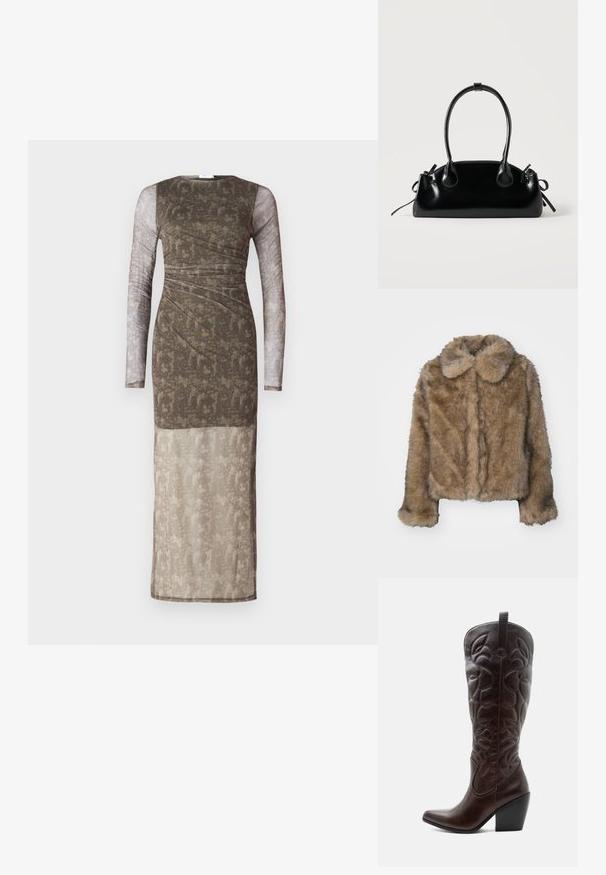 Veste cropped en fausse fourrure marron avec un col arrondi, des manches longues et une surface douce et texturée. Détails de couture subtils sur le devant.; Robe longue, ajustée avec de longues manches transparentes ; tissu texturé marron et beige avec un motif dégradé ; col rond ; design lisse et superposé.; Botte de cowboy haute en cuir marron foncé avec motifs décoratifs cousus, bout pointu et talon bloc empilé.; Petit sac à main noir brillant avec deux longues anses et des détails à cordon sur les côtés sur un fond clair uni.