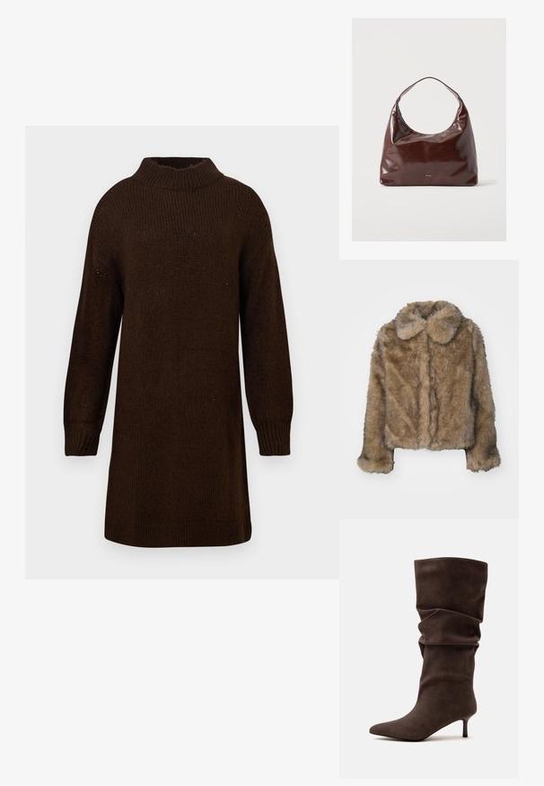 Veste cropped en fausse fourrure marron avec un col arrondi, des manches longues et une surface douce et texturée. Détails de couture subtils sur le devant.; Robe pull en tricot marron foncé à manches longues, avec un col montant côtelé et des poignets, présentée sur un fond clair.; Botte ample en daim brun foncé mi-mollet avec un bout pointu et un talon bas et fin sur un fond clair uni.; Sac bandoulière en cuir brun foncé brillant avec une seule bandoulière et un petit logo doré "RAID" au centre avant.