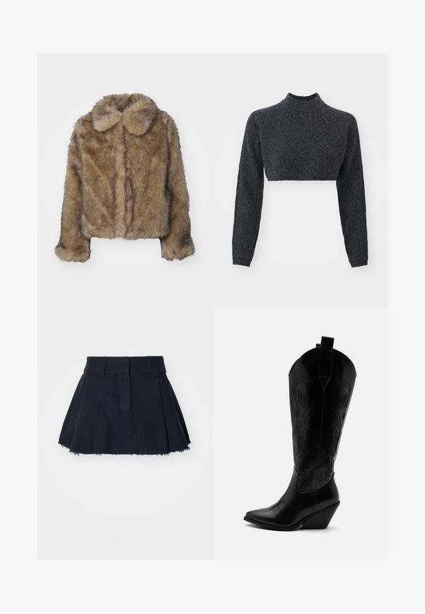 Veste cropped en fausse fourrure marron avec un col arrondi, des manches longues et une surface douce et texturée. Détails de couture subtils sur le devant.; Pull col roulé court en gris foncé, doté de manches longues et d'un tissu tricoté texturé. Le design est ajusté et minimaliste, sans matériel visible.; Jupe en coton bleu marine à forme évasée, avec des plis, un ourlet effiloché et une taille avec passants pour ceinture.; Botte de cowboy en cuir noir avec bout pointu, talon bloc incliné, couture décorative et languettes en haut sur fond blanc.