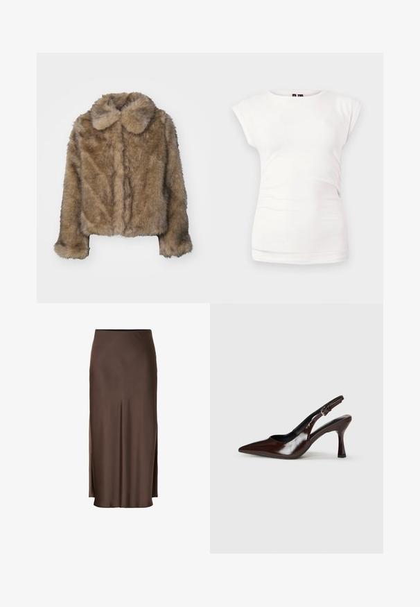 Veste cropped en fausse fourrure marron avec un col arrondi, des manches longues et une surface douce et texturée. Détails de couture subtils sur le devant.; T-shirt blanc ajusté à manches courtes avec col rond sur fond uni, avec un léger détail froncé sur le côté.; Jupe en satin marron au design droit, avec des fentes latérales pour faciliter le mouvement et une texture lisse sur tout le tissu.; Talons slingback en cuir verni brun avec un bout pointu, un talon fin, et une sangle réglable avec une petite boucle.