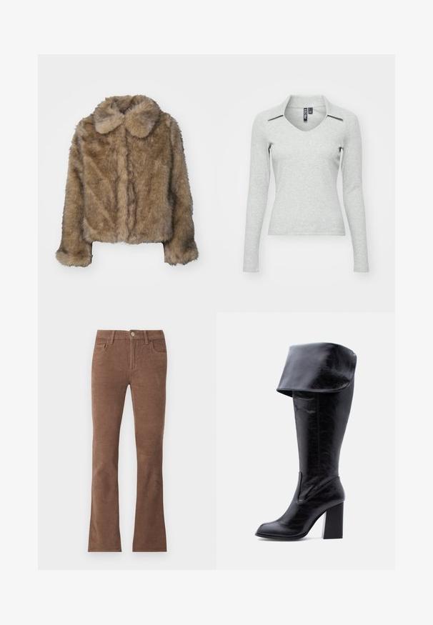 Veste cropped en fausse fourrure marron avec un col arrondi, des manches longues et une surface douce et texturée. Détails de couture subtils sur le devant.; Haut gris clair à manches longues, en V avec col, fabriqué dans un tissu doux et texturé, présentant une coupe ajustée et un minimum de détails.; Pantalon en velours côtelé marron avec fermeture par bouton et fermeture éclair, style cinq poches, jambes légèrement évasées.; Botte haute en cuir noir avec talon, bord plié et bout arrondi, debout sur un fond blanc.