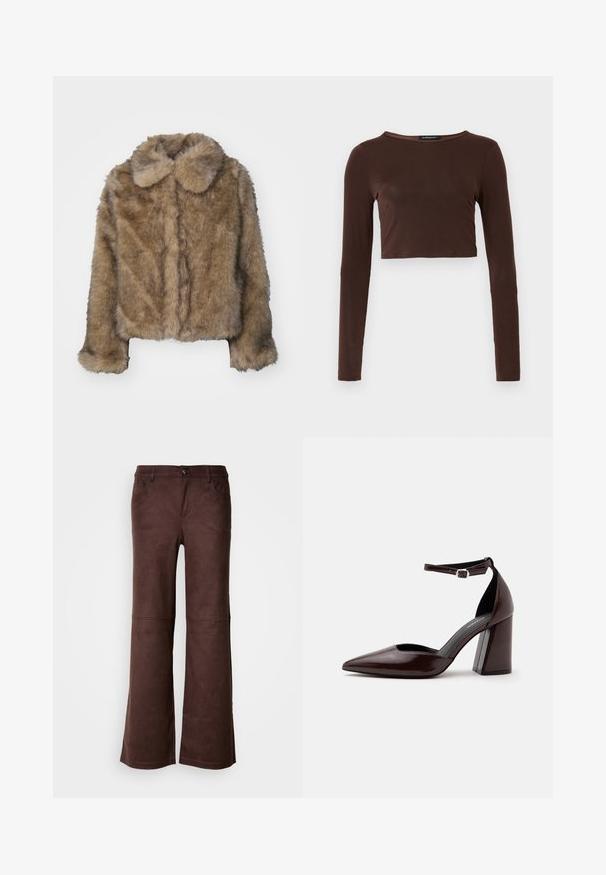 Veste cropped en fausse fourrure marron avec un col arrondi, des manches longues et une surface douce et texturée. Détails de couture subtils sur le devant.; Top croppé à manches longues marron, fabriqué dans un matériau lisse, avec un col rond et une coupe près du corps. Pas de motifs ou d'accents visibles.; Pantalons évasés marron en tissu doux semblable à du daim. Comprend quatre poches, une fermeture à bouton et une surface lisse et texturée.; Chaussure à talon haut en cuir marron foncé à bout pointu, avec bride à la cheville et boucle argentée sur fond blanc.
