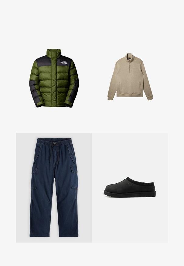 The North Face M LIMBARA INSULATED JACKET - Winterjacke - woodland green; Quiksilver KELLER MIT HALBREISSVERSCHLUSS - Sweatshirt - tkah; Dunkelblaue Cargohose aus Denim mit elastischem Bund und Kordelzug. Verfügt über große Seitentaschen und eine lockere Passform.; Schwarzer UGG-Hausschuh zum Hineinschlüpfen mit weicher Sohle und gestricktem Besatz am Kragen, Seitenansicht auf weißem Hintergrund.