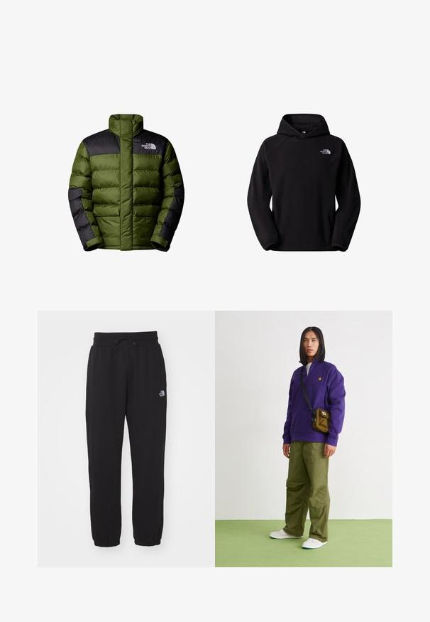 The North Face M LIMBARA INSULATED JACKET - Winterjacke - woodland green; Schwarzer Fleece-Hoodie mit Kängurutasche, verstellbarer Kapuze und besticktem Logo auf der linken Brust. Weiche Textur und lässige Passform.; Schwarze Jogginghose aus weichem Stoff, mit einem elastischen Bund und Kordelzug, Bündchen an den Knöcheln und einem kleinen Logo am Oberschenkel.; Jordan AIR JORDAN 1 ZM CMFT 2 - Sneaker high - summit white/bicoastal/oxidized green