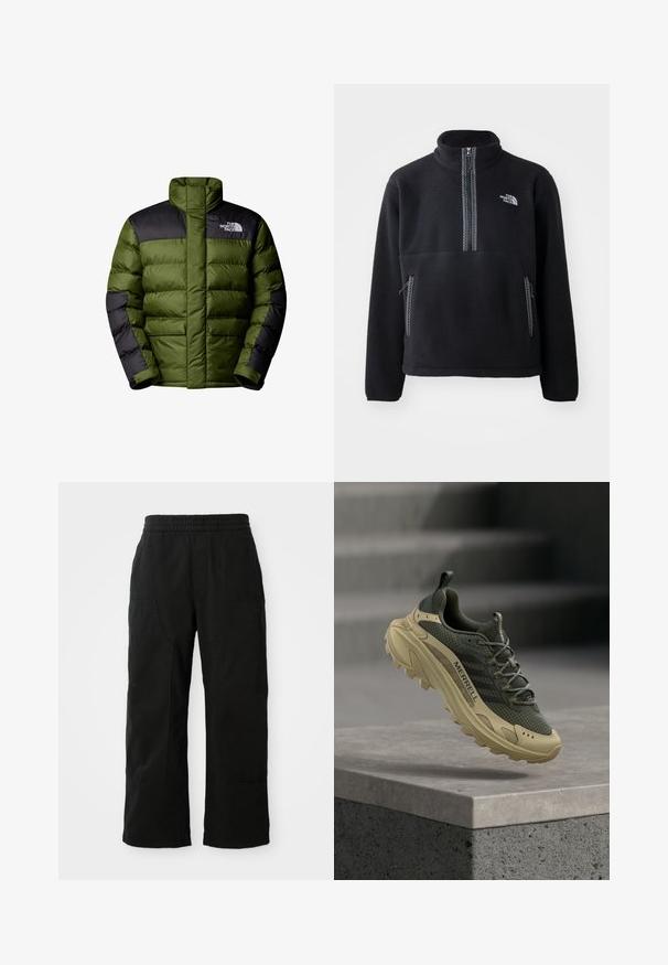The North Face M LIMBARA INSULATED JACKET - Chaqueta de invierno - woodland green; Pulóver de forro polar negro con media cremallera y cuello alto, que cuenta con un bolsillo en el pecho y dos bolsillos laterales. El diseño incluye un detalle de cremallera en contraste.; Pantalones de algodón negros con una cinturilla elástica, diseño de pierna ancha y grandes bolsillos laterales. La tela parece suave con una textura lisa.; Zapatilla de running para exteriores con suela beige y parte superior de malla verde oscuro, flotando sobre un borde de hormigón, con la marca "Merrell" en el lateral.
