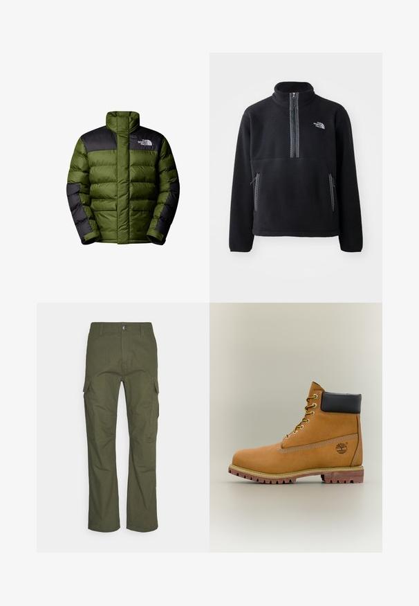 The North Face M LIMBARA INSULATED JACKET - Vinterjakker - woodland green; Sort fleece halv-zip pullover med høj krave, der har en brystlomme og to sidelommer. Designet inkluderer en kontrastfarvet lynlåsdetalje.; Cargo bukser i mørke olivengrøn med flere sidelommer, lige snit og et slidstærkt stof med en tekstureret overflade.; Brun læderankelstøvle med sort krave, gule snørebånd og tanfarvet sål. Har logo og hvide syninger som detalje. Robust ydersål med greb.
