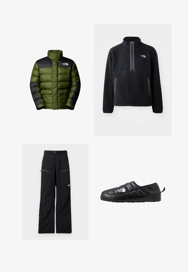 The North Face M LIMBARA INSULATED JACKET - Veste d'hiver - woodland green; Pull en polaire noir à col montant et demi-zip, doté d'une poche poitrine et de deux poches latérales. Le design comprend un détail de fermeture éclair contrastant.; Pantalon de plein air noir avec ceinture ajustable, deux poches cuisses zippées et le logo The North Face sur la jambe droite.; Chaussure noire à enfiler avec un design matelassé, fabriquée en matériau rembourré. Elle présente une semelle en caoutchouc texturée et une petite languette à l'arrière.