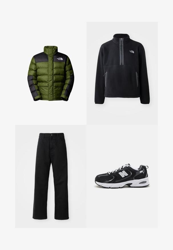 The North Face M LIMBARA INSULATED JACKET - Winterjacke - woodland green; Schwarzer Fleece-Halbzip-Pullover mit hohem Kragen, ausgestattet mit einer Brusttasche und zwei Seitentaschen. Das Design enthält einen kontrastierenden Reißverschluss.; Schwarze Jeans mit geradem Schnitt, ausgestattet mit Fronttaschen, einem Reißverschluss und einem einzelnen oberen Knopf. Texturiert mit matter Oberfläche.; Schwarze und graue Sportschuhe mit Obermaterial aus Mesh und Wildleder, ausgestattet mit einer weißen Zwischensohle, Schnürsenkeln und einem markanten "N"-Logo an der Seite.