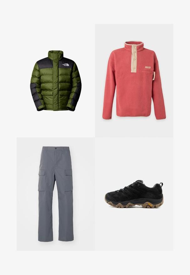 The North Face M LIMBARA INSULATED JACKET - Vinterjakker - woodland green; Korallyrød fleece-pullover med beige trykknap-lukning, lynlåslomme på brystet og lange ærmer, lavet af Columbia.; Grå cargo-bukser lavet af holdbart stof. Funktioner inkluderer en elastisk talje, to store sidelommer og en lige benudskæring.; Sort vandrestøvle med robust brun Vibram-sål, mesh og ruskindsoverdel, snørelukning og bageste trækskinnel, vist fra ydersiden.