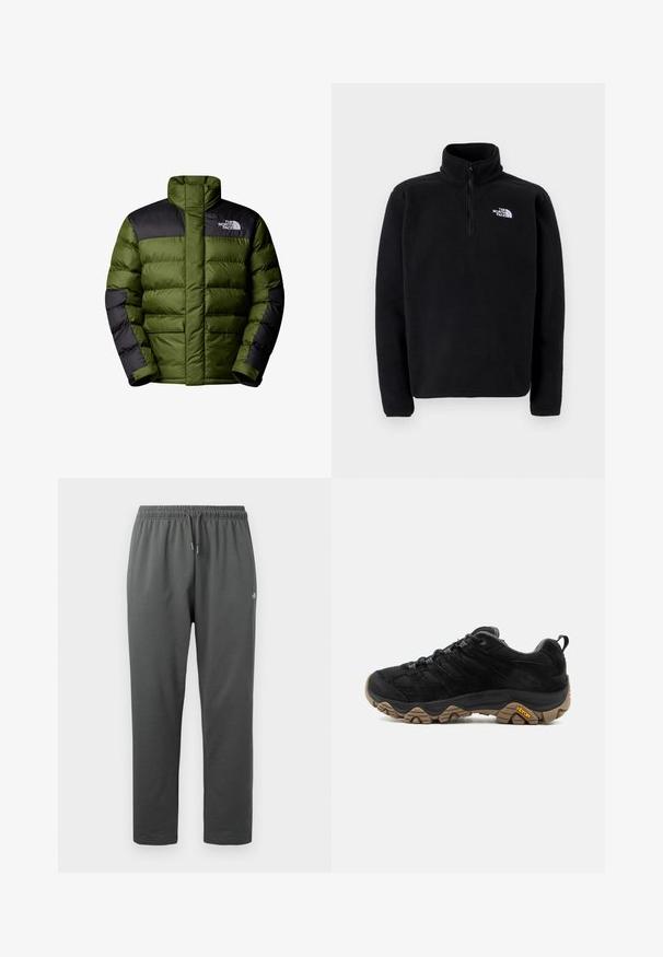 The North Face M LIMBARA INSULATED JACKET - Chaqueta de invierno - woodland green; The North Face SHISPARE ZIP - Suéter de forro polar - black; Pantalones deportivos de forro polar de color gris oscuro con cintura elástica y cordón, con un pequeño logo en el muslo derecho.; Zapato de senderismo negro con suela Vibram marrón rugosa, parte superior de malla y ante, diseño con cordones y lengüeta trasera, mostrado desde el lado exterior.
