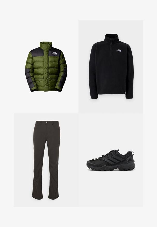 The North Face M LIMBARA INSULATED JACKET - Chaqueta de invierno - woodland green; The North Face SHISPARE ZIP - Suéter de forro polar - black; Pantalones negros de pierna recta con una textura de tela suave, bolsillos frontales y cierre de botón plateado. Diseño simple y líneas limpias.; Zapatilla deportiva negra con una parte superior de malla texturizada, acentos sintéticos contrastantes y una suela de goma resistente. Presenta un sistema de cordones seguro y una lengüeta trasera.