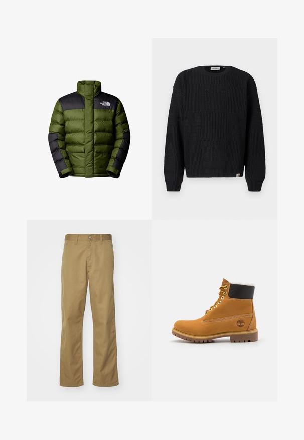 The North Face M LIMBARA INSULATED JACKET - Vinterjakker - woodland green; Sort strikket sweater med et struktureret, patchwork-design. Har rund halsudskæring, lange ærmer og en lille mærkelogo på kanten.; Khaki chinos med lige bendesign, lavet af glat bomuldsstof. Har en knaplukning foran og sidelommer.; Brune læder ankelstøvle med metaløjer, hvid pelsforing, sort polstret krave, robust sål og præget logo på siden.