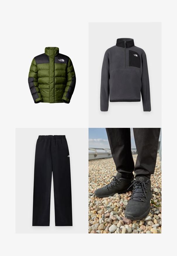 The North Face M LIMBARA INSULATED JACKET - Vinterjakker - woodland green; Mørkegrå fleece-pullover med høj krave, halvlængde lynlås foran og sort lynlåslomme på brystet med hvidt logo på højre side.; Sorte bukser med elastik i taljen og lige ben, med lille hvidt logo på øverste højre lår, vist fladt på lys baggrund.; Sorte vandresko med struktureret læder, robuste snørebånd og en polstret ankelkrave, båret med mørke bukser på en grusoverflade.