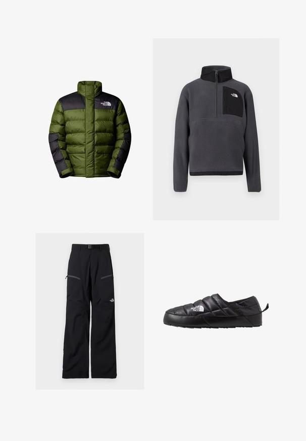The North Face M LIMBARA INSULATED JACKET - Winterjacke - woodland green; Dunkelgrauer Fleece-Pullover mit hohem Kragen, halbseitigem Reißverschluss vorne und schwarzer Reißverschlusstasche auf der Brust mit weißem Logo auf der rechten Seite.; Schwarze Outdoor-Hose mit verstellbarem Gürtel, zwei Reißverschlusstaschen an den Oberschenkeln und The North Face-Logo am rechten Bein.; Schwarzer Slipper mit gestepptem Design, aus gepolstertem Material gefertigt. Verfügt über eine strukturierten Gummisohle und eine kleine Lasche hinten.