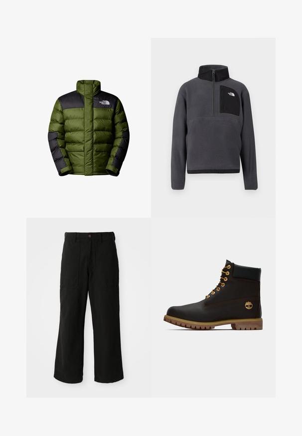 The North Face M LIMBARA INSULATED JACKET - Vinterjakker - woodland green; Mørkegrå fleece-pullover med høj krave, halvlængde lynlås foran og sort lynlåslomme på brystet med hvidt logo på højre side.; Sorte vide benbukser lavet af blødt stof, med frontlommer og en knaplukning i taljen. Minimalistisk design uden synlige mønstre.; Sorte læder ankelstøvle med gyldne øjer, brune detaljer og gummisål. Har en polstret krave og præget logo på siden.