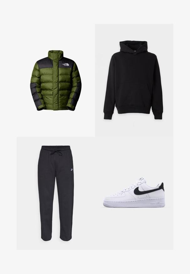 The North Face M LIMBARA INSULATED JACKET - Winterjas - woodland green; Effen zwarte hoodie met buidelzak aan de voorkant, lange mouwen en geribde boorden en zoom, getoond tegen een lichte achtergrond.; Zwarte sweatpants van zacht stof met een elastische tailleband, trekkoord en een klein Nike-logo op de linker bovenbeen.; Witte leren sneaker met een gestructureerde zwarte Swoosh, platte veters en een rubberen zool met een geribbeld patroon. "AIR" is in de hak geperst.