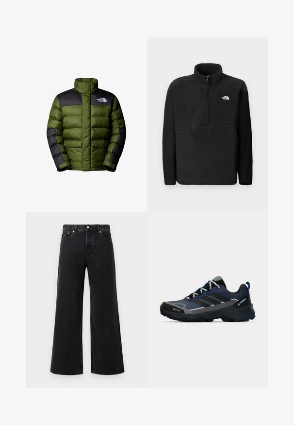The North Face M LIMBARA INSULATED JACKET - Chaqueta de invierno - woodland green; Sudadera de forro polar negra con un alto cuello, cremallera de media longitud en la parte frontal y un bolsillo en el pecho izquierdo. Presenta una tela texturizada y un logo en el bolsillo.; Jeans de tiro alto de pierna ancha en negro con botón delantero, trabillas para cinturón y diseño de cinco bolsillos sobre un fondo blanco.; Zapatillas de senderismo para hombre con parte superior Gore-Tex, esquema de colores azul marino y gris, detalles en negro, suela texturizada y elementos reflectantes.