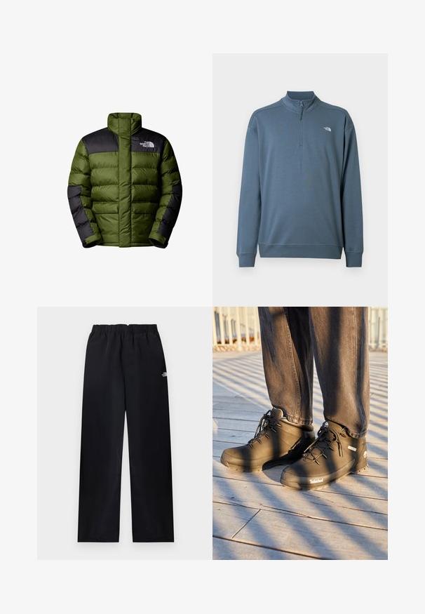The North Face M LIMBARA INSULATED JACKET - Winterjas - woodland green; Blauwe trui met lange mouwen en een kwart ritssluiting, opstaande kraag en klein wit The North Face-logo op de linkerborst.; Zwarte broek met rechte pijpen en elastische taille, met een klein wit logo op de bovenste rechterdij, plat uitgestald op een lichte achtergrond.; Zwarte Timberland wandelschoenen hebben een hoge gloss ontwerpen, een gestructureerd oppervlak en ronde veters, tegen een achtergrond van een houten vloer.