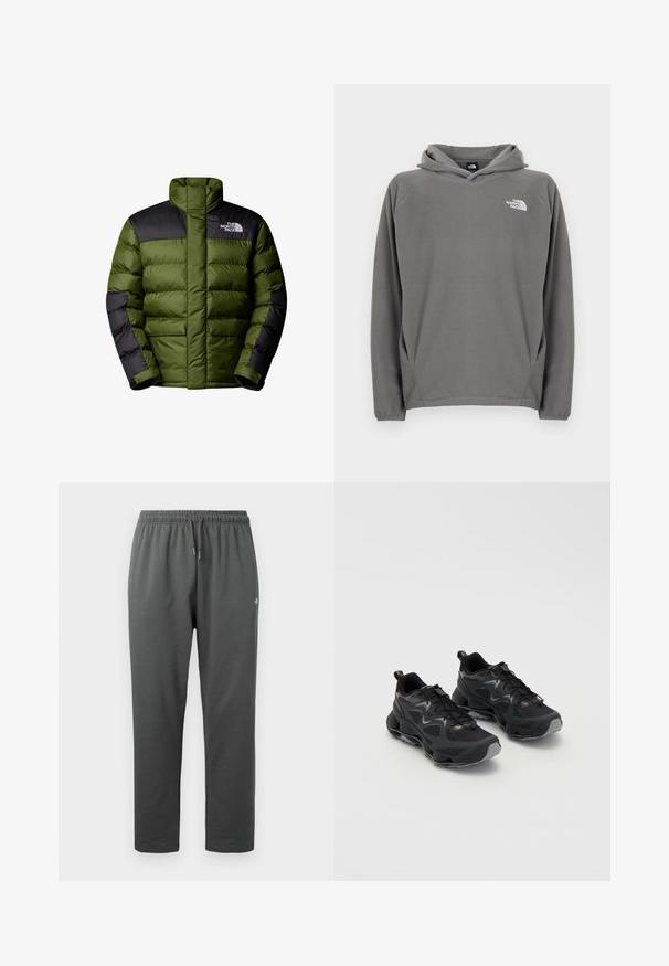 The North Face M LIMBARA INSULATED JACKET - Veste d'hiver - woodland green; Sweat à capuche en polaire grise avec une poche avant, une capuche à cordon de serrage ajustable et un petit logo blanc sur le côté gauche de la poitrine.; Pantalon de survêtement en polaire gris foncé avec taille élastique et cordon de serrage, avec un petit logo sur la cuisse droite.; Chaussures de sport noires avec une tige en maille texturée, dotées d'une semelle épaisse, d'un système de laçage et de subtils accents gris.
