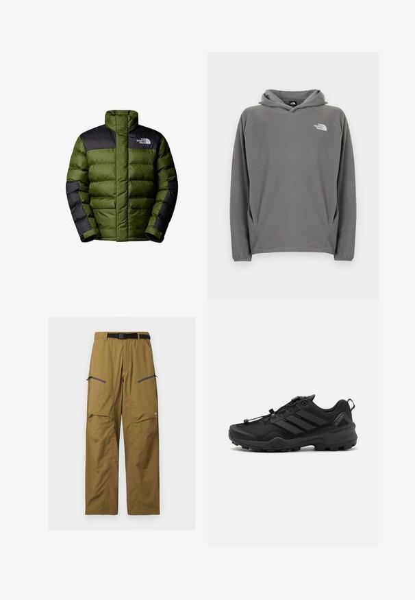 The North Face M LIMBARA INSULATED JACKET - Winterjacke - woodland green; Grauer Fleece-Kapuzenpullover mit Fronttasche, verstellbarem Kordelzug an der Kapuze und kleinem weißem Logo auf der linken Brustseite.; Khakifarbene Outdoor-Hose mit schwarzem verstellbarem Gürtel, zwei Reißverschluss-Oberschenkeltaschen und Knie-Nähten, auf einfachem Hintergrund dargestellt.; Schwarzer Sportschuh mit einem strukturierten Mesh-Obermaterial, kontrastierenden synthetischen Akzenten und einer robusten Gummisohle. Verfügt über ein sicheres Schnürsystem und eine hintere Lasche.