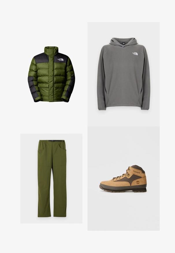 The North Face M LIMBARA INSULATED JACKET - Vinterjakker - woodland green; Grå fleece-hættetrøje med frontlomme, justerbar snøre i hætten og et lille hvidt logo på venstre bryst.; Olivengrønne bukser med lige ben, elastisk talje og sort justerbart spændebælte, forlommer og sidelommer, detaljer med søm foran.; Brune ruskind vandrestøvle med mørkebrune accenter, metaløjer og sål med godt greb. Timberland-logo præget på siden. Mellemhøj design.