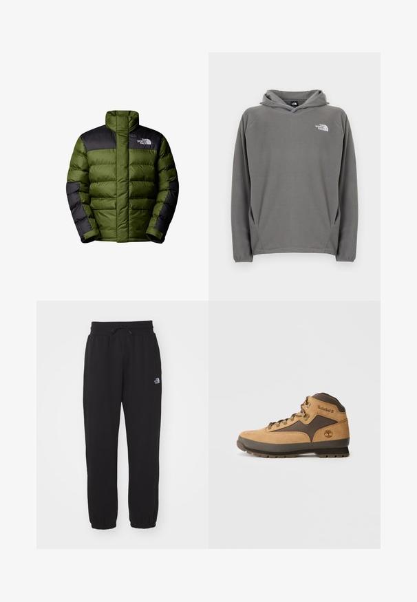 The North Face M LIMBARA INSULATED JACKET - Vinterjakker - woodland green; Grå fleece-hættetrøje med frontlomme, justerbar snøre i hætten og et lille hvidt logo på venstre bryst.; Sorte sweatpants lavet af blødt stof, med en elastisk talje med snor, manchetter ved anklerne og et lille logo på det øverste lår.; Brune ruskind vandrestøvle med mørkebrune accenter, metaløjer og sål med godt greb. Timberland-logo præget på siden. Mellemhøj design.