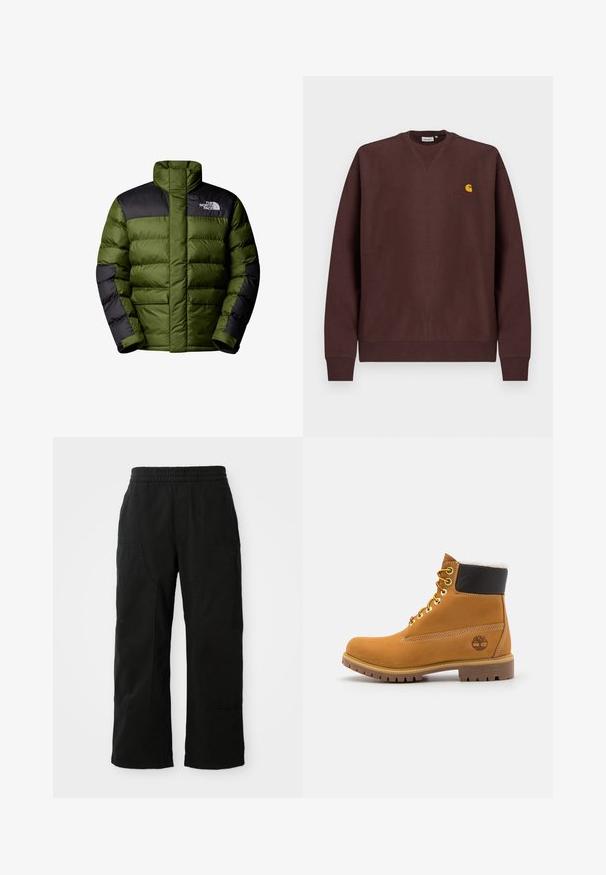 The North Face M LIMBARA INSULATED JACKET - Vinterjakker - woodland green; Brun sweatshirt i bomuld med rund hals, ribkant ved ærmerne og et lille gult logo på brystet. Glat tekstur, afslappet pasform.; Sorte bomuldsbukser med elastisk talje, vid bendesign og store sidelommer. Stoffet virker blødt med en glat tekstur.; Brune læder ankelstøvle med metaløjer, hvid pelsforing, sort polstret krave, robust sål og præget logo på siden.