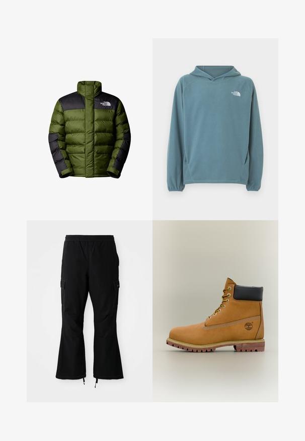 The North Face M LIMBARA INSULATED JACKET - Chaqueta de invierno - woodland green; Sudadera azul de forro polar con bolsillo tipo canguro, capucha con cordón y puños elásticos. Presenta un logo blanco en el pecho. Textura suave.; Pantalones cargo negros con cintura elástica, con bolsillos laterales y piernas acampanadas con cremalleras en los puños, exhibidos sobre un fondo blanco.; Bota de tobillo de cuero marrón con cuello negro, cordones amarillos y suela beige. Presenta un logotipo y detalles de costura blanca. Suela exterior con tracción robusta.