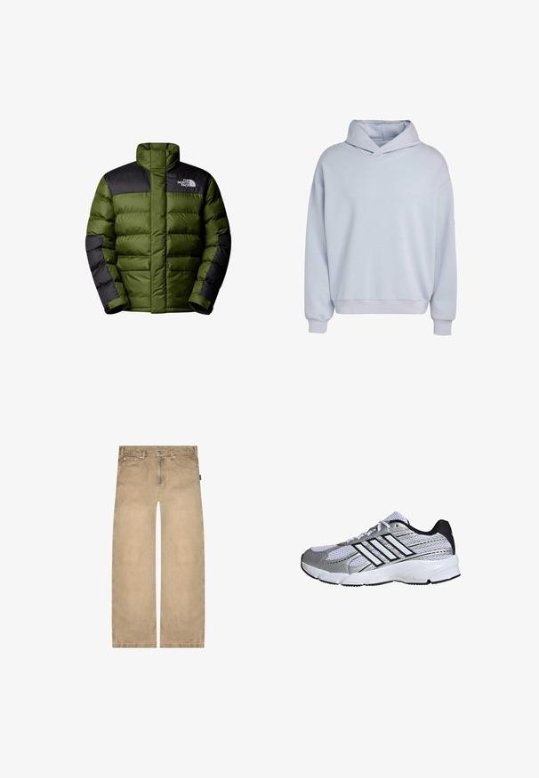 The North Face M LIMBARA INSULATED JACKET - Winterjacke - woodland green; Hellblauer Pullover mit überkreuzter Kapuze, lockerer Passform, langen Ärmeln und gerippten Bündchen. Hergestellt aus weichem, angenehmem Stoff.; Beige Jeans mit geradem Bein, Fronttaschen, Gürtelschlaufen und Knopfverschluss, abgebildet auf weißem Hintergrund.; Mesh-Sportschuh in Weiß und Silber mit schwarzen Akzenten, drei weißen Streifen als Logo, gepolstertem Kragen und strukturiertem Gummisohle.