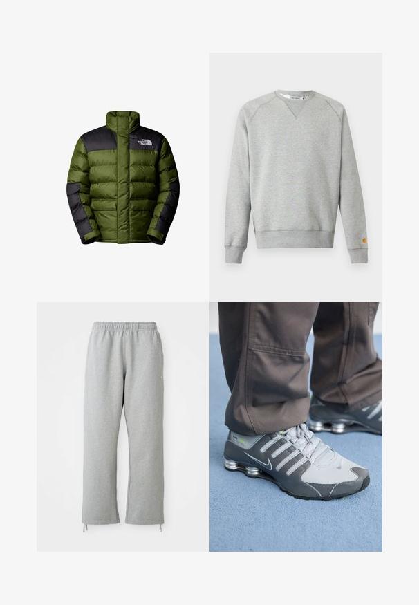 The North Face M LIMBARA INSULATED JACKET - Winterjacke - woodland green; Hellgraues Sweatshirt mit Rundhalsausschnitt, langen Ärmeln, gerippten Bündchen und Saum sowie kleinem Logo-Patch am linken Ärmelbündchen.; Graue Sweatpants mit einem elastischen Bund, geraden Beinen und Kordelzug-Akzenten am Saum. Hergestellt aus weichem, strukturierter Stoff.; Graue und silberne Nike Shox Sneakers zeichnen sich durch ein schlankes Design aus, mit Netz- und Synthetikmaterialien, einer abgerundeten Zehenpartie und einem gepolsterten Schuhkragen.