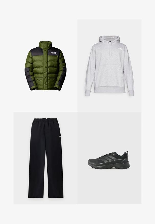 The North Face M LIMBARA INSULATED JACKET - Vinterjakker - woodland green; Lys grå hoodie lavet af blødt materiale, med en kængurulomme, justerbar snøre i hætten og et lille logo på brystet.; Sorte bukser med elastik i taljen og lige ben, med lille hvidt logo på øverste højre lår, vist fladt på lys baggrund.; Sorte atletiske sko med en tekstureret stofoverdel, tre sølvstriber, forstærket tå og en robust gummisål til godt greb.