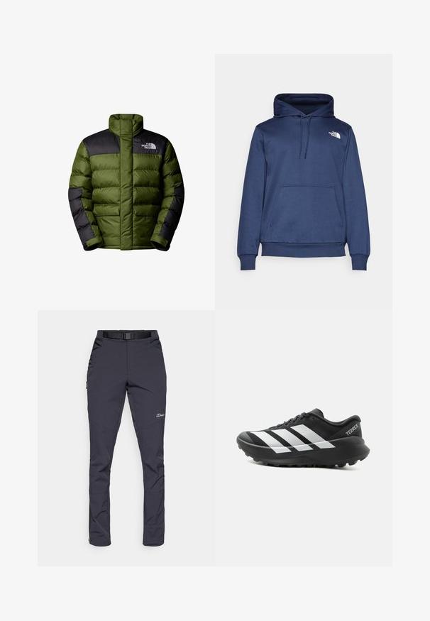 The North Face M LIMBARA INSULATED JACKET - Vinterjakker - woodland green; Marineblå hættetrøje lavet af blødt stof, med en forreste kængurulomme, justerbar snørehætte og et lille hvidt logo på brystet.; Vandtætte bukser i mørkegrå farve, lavet af slidstærkt stof. Funktioner inkluderer et bælte, sidelommer og lynlåsede ankler.; Sort og hvid Adidas Terrex trail løbesko med tyk sål og mønstret ydersål, sidevisning på ensartet lys baggrund.