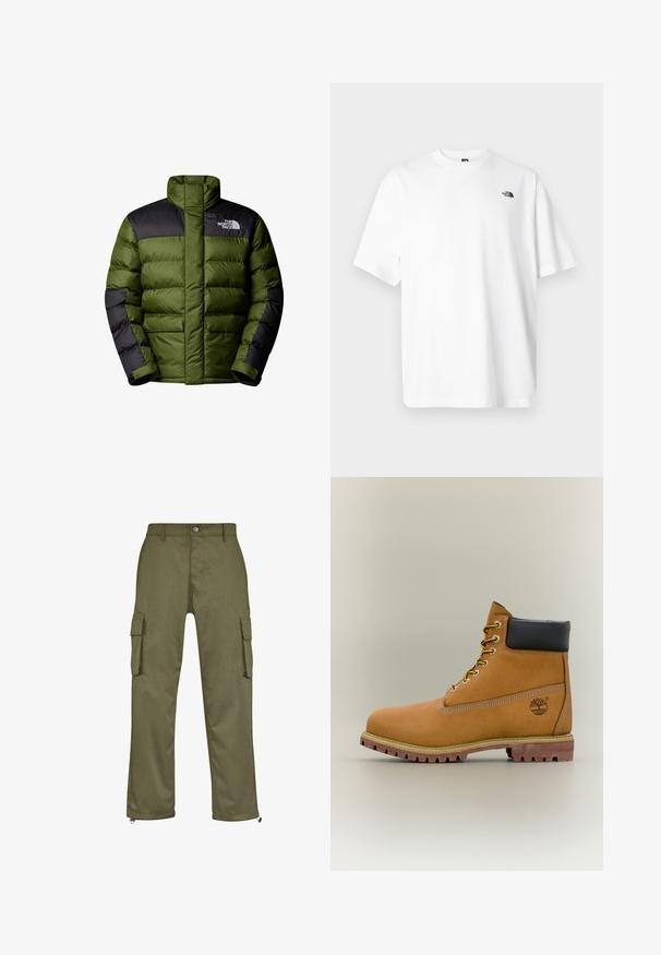 The North Face M LIMBARA INSULATED JACKET - Winterjas - woodland green; Wit katoenen T-shirt met korte mouwen, V-halsontwerp, met een klein zwart logo aan de linker bovenzijde. Zachte textuur, comfortabele pasvorm.; Olijfgroene cargobroek met een rechte snit, twee zijzakken en ritsdetails bij de broekspijpen. Gemaakt van duurzame stof.; Bruine leren enkellaars met zwarte kraag, gele veters en een zandkleurige zool. Voorzien van een logo en witte stikseldetails. Robuuste loopzool met grip.
