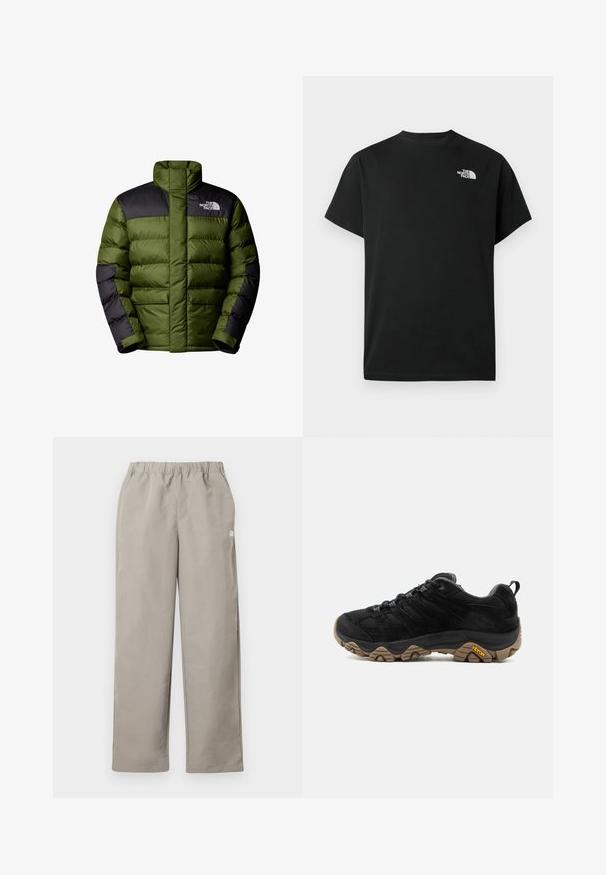 The North Face M LIMBARA INSULATED JACKET - Winterjacke - woodland green; Schwarzes kurzärmliges T-Shirt aus Baumwolle. Mit einem weißen Logo auf der linken Brust. Einfacher Schnitt mit rundem Ausschnitt und minimalen Designdetails.; Beige gerade geschnittene Hose mit elastischem Bund und kleinem weißem Logo an der rechten Seitennaht.; Schwarzer Wanderschuh mit robuster brauner Vibram-Sohle, Mesh- und Wildleder-Obermaterial, Schnürdesign und hinterer Zuglasche, von der Außenseite gezeigt.